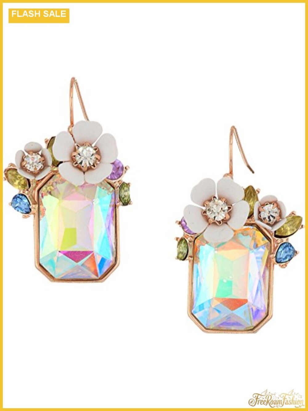 Rose Gold Tone Glass Cluster Drop Dangle Earrings Flower Iridescent